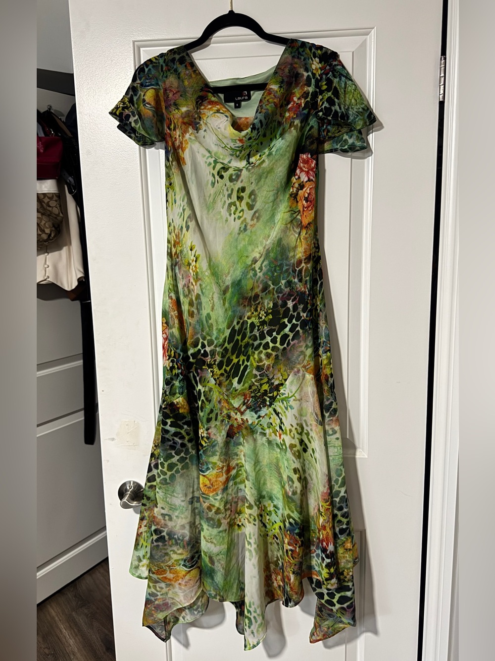 Green Floral & Abstract Asymmetrical Vintage Midi Dress with Cowl Neck